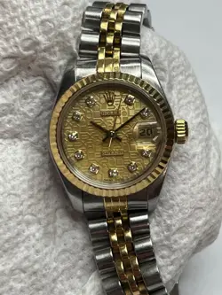 ROLEX DATEJUST LADIES 18K GOLD & TWO TONE 26MM DIAMOND DIAL FLUTED BEZEL #69173