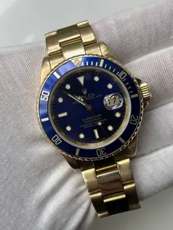 1991 ROLEX SUBMARINER DATE BLUE 18K YELLOW GOLD 40MM WATCH 16618 WATCH