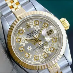 ROLEX DATEJUST LADIES TWO-TONE SILVER FLORAL DIAMOND DIAL JUBILEE WATCH 26MM