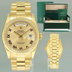 2004 MINT ROLEX PRESIDENT YELLOW GOLD 36MM CHAMPAGNE ROMAN 118238 DAY DATE WATCH
