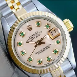 ROLEX DATEJUST LADIES TWO-TONE WHITE MOTHER OF PEARL EMERALD JUBILEE WATCH 26MM