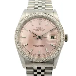 ROLEX 16014 DATEJUST 36MM STAINLESS STEEL AFTERMARKET PINK DIAMOND DIAL BEZEL