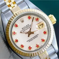 ROLEX DATEJUST LADIES TWOTONE WHITE MOTHER OF PEARL RUBY DIAL JUBILEE WATCH 26MM