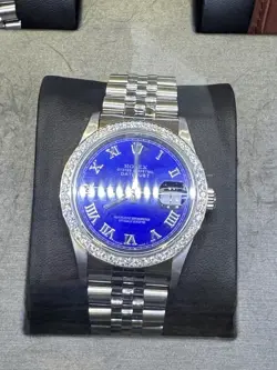ROLEX DATEJUST STAINLESS STEEL 36MM OYSTER WATCH-BLUE ROMAN DIAL-DIAMOND BEZEL