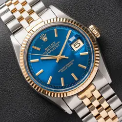 ROLEX DATEJUST 1601 GOLD AND SILVER JUBILEE BRACELET WITH GOLD BEZEL BLUE DIAL