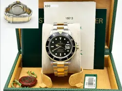 ROLEX SUBMARINER 16613 BLACK DIAL 18K YELLOW GOLD STAINLESS STEEL BOX PAPER