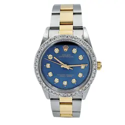 ROLEX 36MM OYSTER 18K GOLD / STEEL WATCH W/BLUE DIAMOND DIAL AND DIAMOND BEZEL.