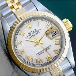 ROLEX DATEJUST LADIES TWO-TONE WHITE MOTHER OF PEARL ROMAN NUMERAL WATCH 26MM