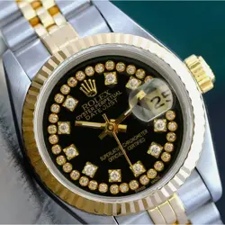 ROLEX DATEJUST LADIES TWO-TONE GOLD & SS BLACK DIAL GENUINE DIAMONDS WATCH 26MM