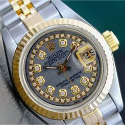 ROLEX DATEJUST LADIES TWO-TONE GOLD & SS GREY METEORITE DIAMOND DIAL WATCH 26MM
