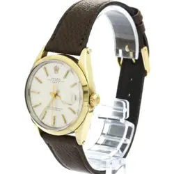 ROLEX OYSTER PERPETUAL DATE 1550 34MM SILVER DIAL GOLD PLATING LEATHER ANALOG