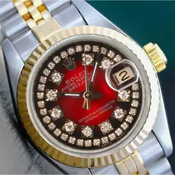 ROLEX DATEJUST LADIES TWO-TONE GOLD & SS STRING RED VIGNETTE DIAL WATCH 26MM
