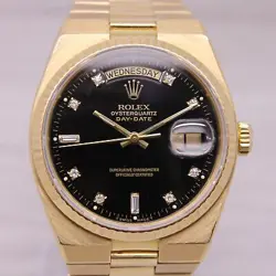 VINTAGE 1979 ROLEX OYSTERQUARTZ DAY DATE 18K GOLD MENS WATCH BLACK DIAMOND DIAL
