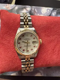 ROLEX LADIES DATEJUST 79173 MOTHER OF PEARL RUBY DIAL 18K GOLD SS WATCH
