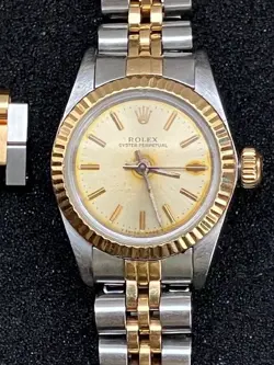 ONE OWNER LADIES ROLEX MODEL 67193 TWO TONE 18K GOLD AND STAINLESS WRIST WATCH