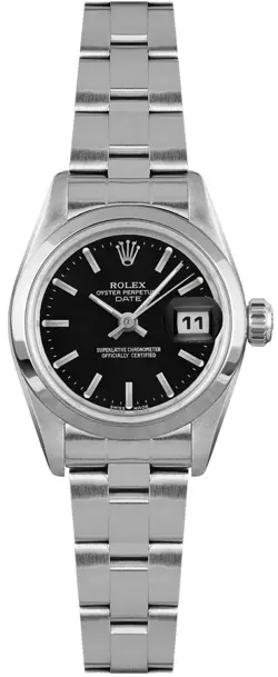 ROLEX OYSTER PERPETUAL 26MM 69160 BLACK DIAL DATE STAINLESS STEEL LADIES WATCH