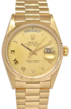 ROLEX DAY-DATE 36 PRESIDENT 18K YELLOW GOLD CHAMPAGNE ROMAN DIAL WATCH '86 18038