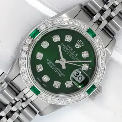ROLEX LADIES DATEJUST STEEL AND 18K GOLD WITH GREEN DIAMOND DIAL AND BEZEL WATCH
