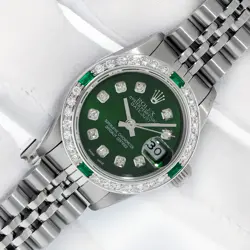 ROLEX LADIES DATEJUST STEEL AND 18K GOLD WITH GREEN DIAMOND DIAL AND BEZEL WATCH