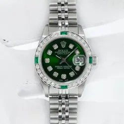 ROLEX LADIES DATEJUST STEEL AND 18K GOLD WITH GREEN DIAMOND DIAL AND BEZEL WATCH