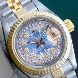 ROLEX DATEJUST LADIES TWO-TONE GOLD STAINLESS STEEL BLUE MOTHER OF PEARL WATCH