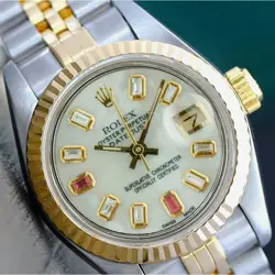 ROLEX DATEJUST LADIES TWO-TONE WHITE MOTHER OF PEARL DIAMOND & RUBY WATCH