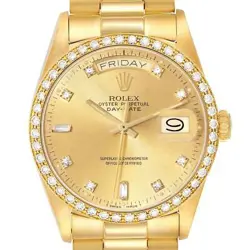 ROLEX PRESIDENT DAY-DATE YELLOW GOLD DIAMOND BEZEL MENS WATCH 18048