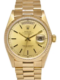 ROLEX DAY-DATE 36 PRESIDENT 18K YELLOW GOLD CHAMPAGNE STICK DIAL WATCH '82 18038