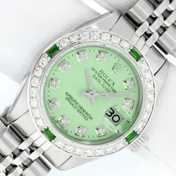 ROLEX LADIES DATEJUST STAINLESS STEEL WITH GREEN DIAMOND DIAL AND BEZEL WATCH