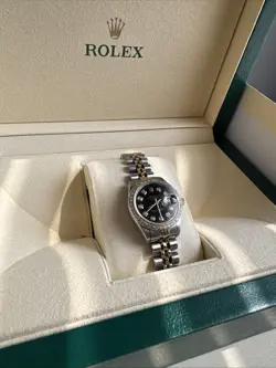 LADIES TWO TONE BLACK  DIAL ROLEX OYSTER PERPETUAL DATEJUST WATCH W DIAMOND BEZ