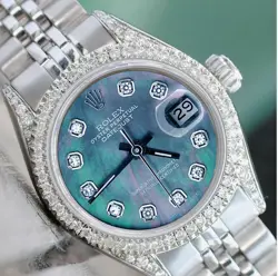 ROLEX DATEJUST LADIES STAINLESS STEEL BLACK MOTHER OF PEARL DIAMOND DIAL & LUGS