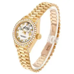 Rolex President Datejust Yellow Gold Marble Dial Diamond Ladies Watch 69158