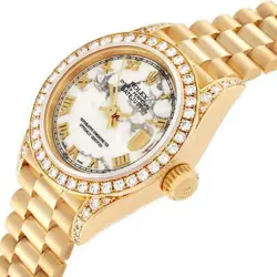 Rolex President Datejust Yellow Gold Marble Dial Diamond Ladies Watch 69158