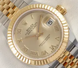ROLEX LADIES DATEJUST 28MM 279173 FLUTED BEZEL JUBILEE CHAMPAGNE ROMAN DIAL