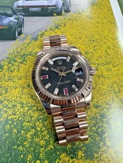 ROLEX DAY-DATE II 41MM 218235 BLACK DIAMOND RUBY DIAL 18K ROSE GOLD RARE WATCH