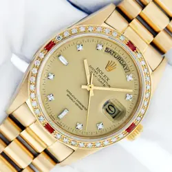 ROLEX DAY-DATE MENS PRESIDENT FACTORY DIAMOND DIAL, RUBY BEZEL, 18K GOLD WATCH