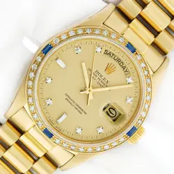 ROLEX DAY-DATE MENS PRESIDENT FACTORY DIAMOND DIAL,SAPPHIRE BEZEL,18K GOLD WATCH