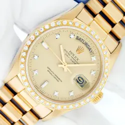ROLEX MENS DAY-DATE PRESIDENT FACTORY DIAMOND DIAL, DIAMOND BEZEL-18K GOLD WATCH