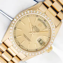 ROLEX DAY-DATE MENS PRESIDENT FACTORY INDEX DIAL, DIAMOND BEZEL, 18K GOLD WATCH