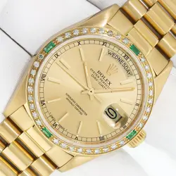ROLEX DAY-DATE MENS PRESIDENT 18K GOLD WATCH FACTORY INDEX DIAL, DIAMOND BEZEL