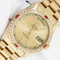 ROLEX DAY-DATE MENS PRESIDENT 18K GOLD WATCH FACTORY INDEX DIAL, RUBY BEZEL