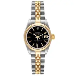 ROLEX DATEJUST STEEL YELLOW GOLD BLACK DIAL LADIES WATCH 69173 PAPERS