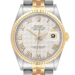 ROLEX DATEJUST STEEL YELLOW GOLD IVORY PYRAMID DIAL MENS WATCH 16233