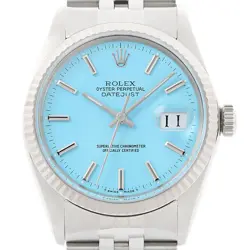 ROLEX MENS DATEJUST 16014 AQUA BLUE 18K GOLD STEEL WATCH W/ JUBILEE BRACELET