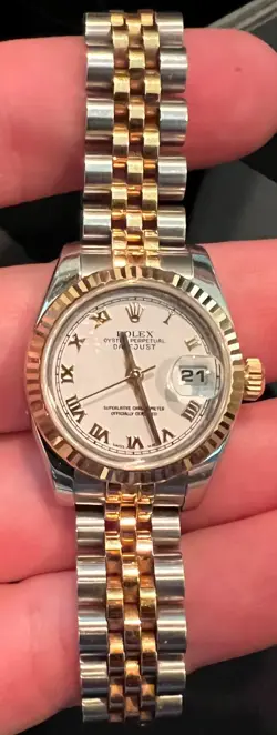 ROLEX 18K GOLD/STAINLESS 179173 WHITE ROMAN DIAL JUBILEE BAND 26MM