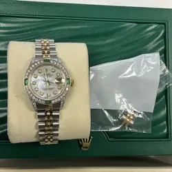 LADIES 26 MM ROLEX DATEJUST 18 K /SS , DIAMOND EMERALD BEZEL , MOP DIAMOND DIAL