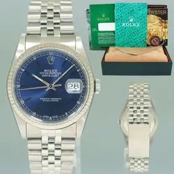MINT ROLEX DATEJUST 16234 BLUE ROMAN JUBILEE WHITE GOLD FLUTED WATCH BOX