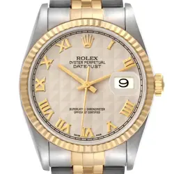 ROLEX DATEJUST 36 STEEL YELLOW GOLD PYRAMID DIAL MENS WATCH 16233