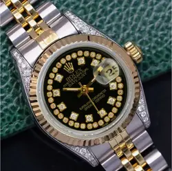 ROLEX DATEJUST LADIES TWO-TONE REAL YELLOW GOLD & STEEL BLUE STRING BLACK WATCH