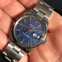 ROLEX DATE 1500 OYSTER PERPETUAL BLUE MOSAIC DIAL STEEL AUTOMATIC WRISTWATCH